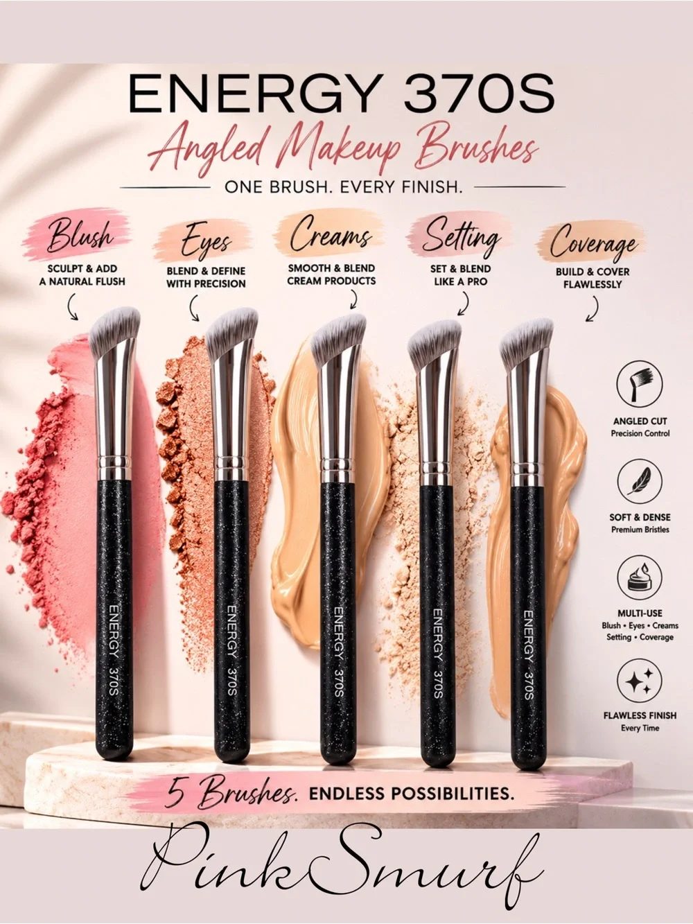 (5) Energy 370S Angled Makeup Brush Bundle of (5) New